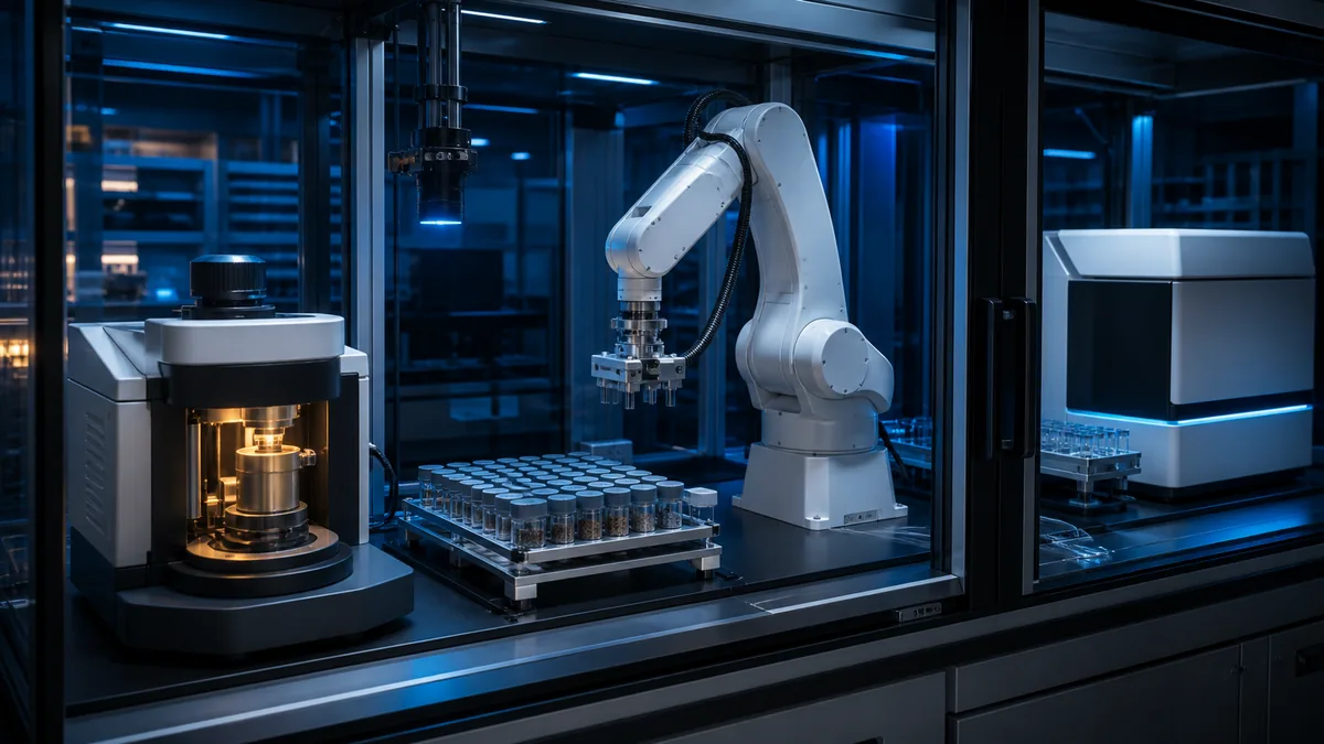 Automatisiertes Laborsystem mit Industrieroboter und Analysegeräten